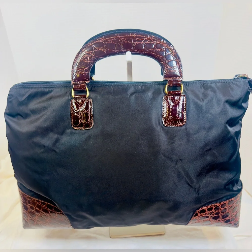 Prada Black Nylon Tote with Croc Embossed Trim